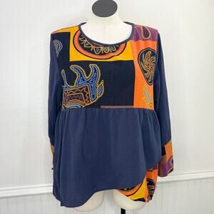 O-nelue Tunic Top Colorful Asymmetric Hem Empire Waist Boho Artsy Hippie Cotton